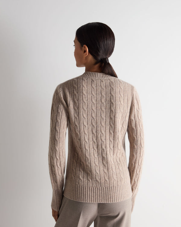 N.peal Women's Adelyn Cable Round Neck Cashmere Sweater In Oatmeal Brown