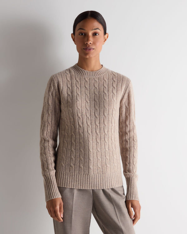 n.peal Women's Adelyn Cable Round Neck Cashmere Sweater In Oatmeal Brown