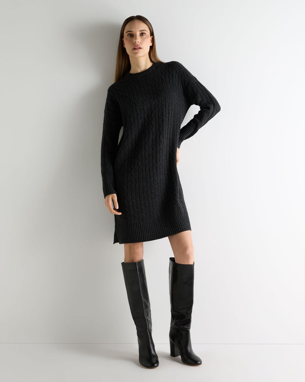 N.peal Women's Bella Round Neck Cable Cashmere Dress In Deep Charcoal Grey