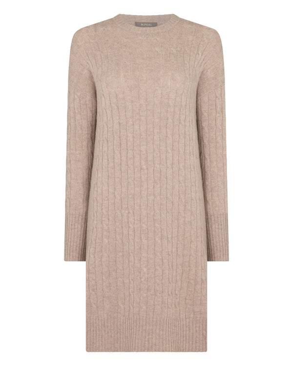 N.peal Women's Bella Round Neck Cable Cashmere Dress In Oatmeal Brown