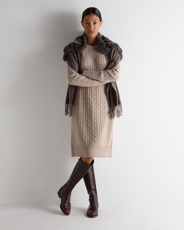 N.peal Women's Bella Round Neck Cable Cashmere Dress In Oatmeal Brown