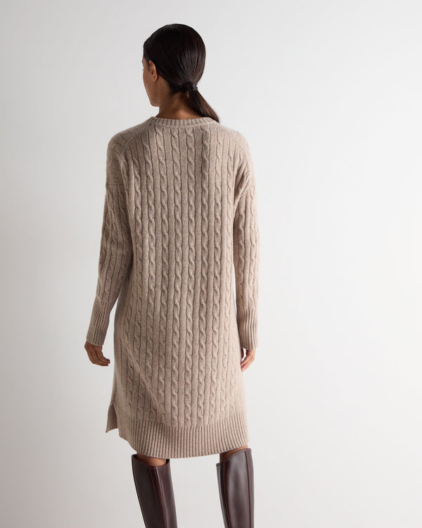 N.peal Women's Bella Round Neck Cable Cashmere Dress In Oatmeal Brown
