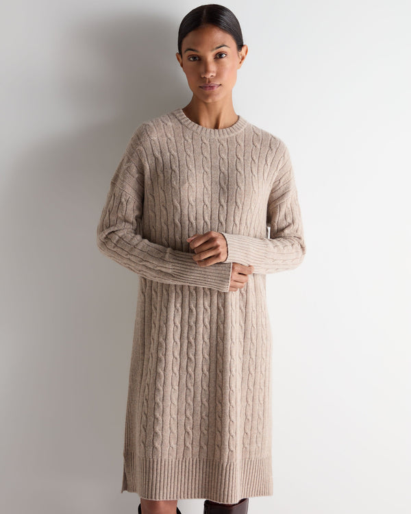 n.peal Women's Bella Round Neck Cable Cashmere Dress In Oatmeal Brown