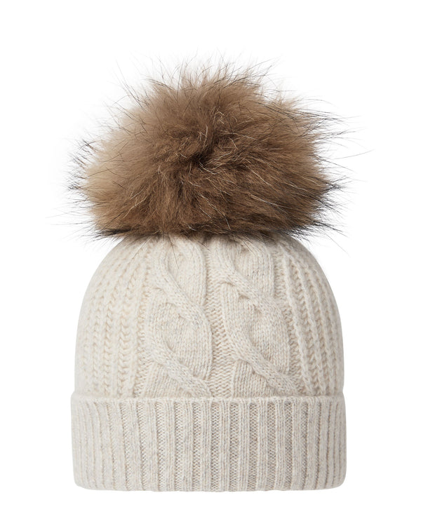 n.peal Women's Cable Cashmere Hat With Fur Pom In Ash Grey Marl