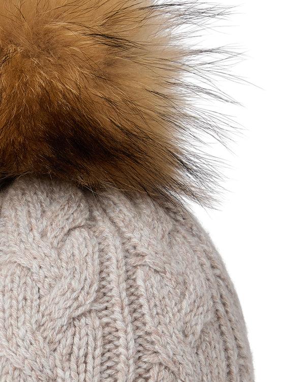 N.peal Women's Cable Cashmere Hat With Fur Pom In Basilica Beige Brown Marl