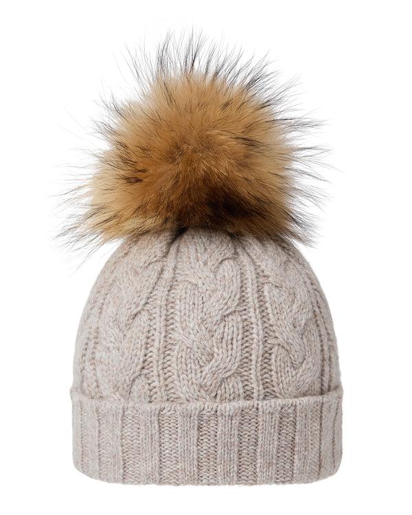n.peal Women's Cable Cashmere Hat With Fur Pom In Basilica Beige Brown Marl