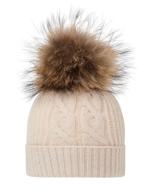 n.peal Women's Cable Cashmere Hat With Fur Pom In Ecru White