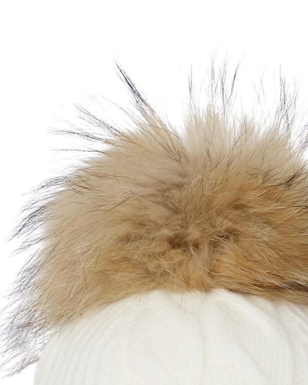 N.peal Women's Cable Cashmere Hat With Fur Pom In New Ivory White