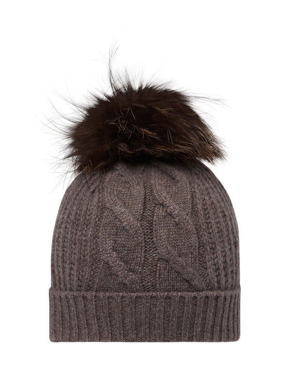 n.peal Women's Cable Cashmere Hat With Fur Pom In Otter Brown