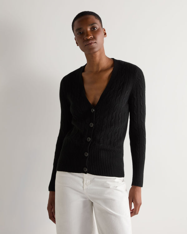 n.peal Women's Clara Cable V Neck Cashmere Cardigan In Black