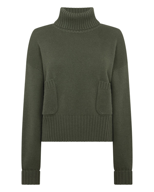 N.peal Women's Cropped Turtle Neck Cashmere Sweater In Army Green