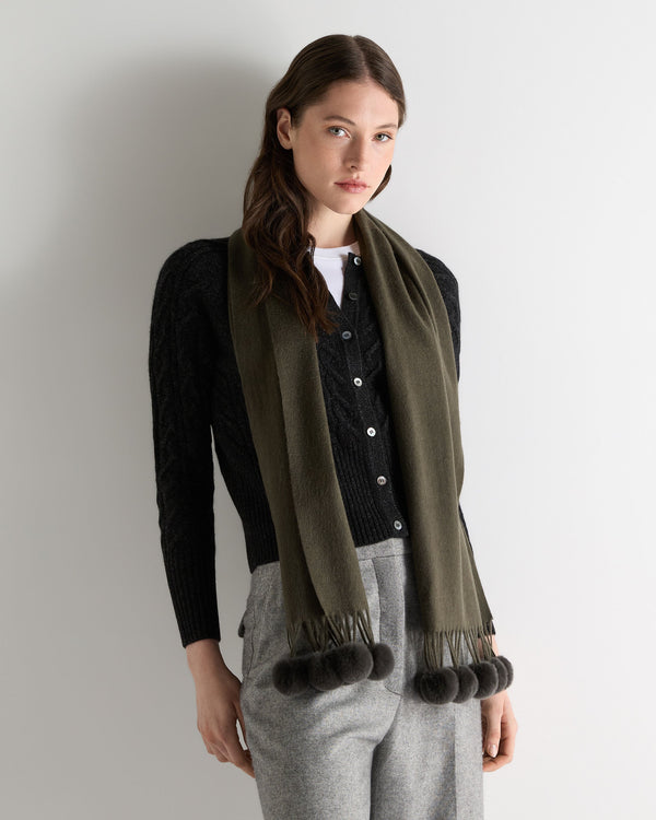 N.peal Women's Davos Fur Bobble Cashmere Scarf In Arabica Khaki Green