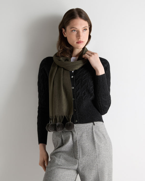 N.peal Women's Davos Fur Bobble Cashmere Scarf In Arabica Khaki Green