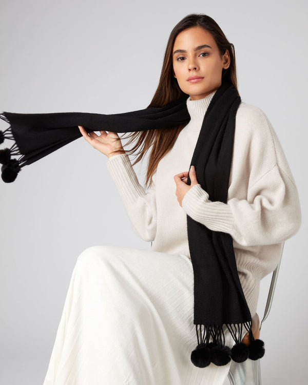 N.peal Women's Davos Fur Bobble Cashmere Scarf In Black
