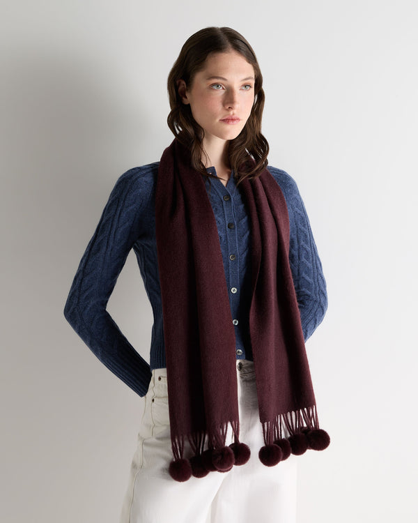 N.peal Women's Davos Fur Bobble Cashmere Scarf In Claret Red