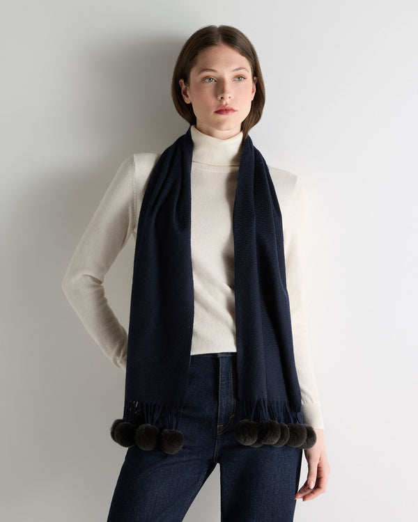 N.peal Women's Davos Fur Bobble Cashmere Scarf In Navy Blue