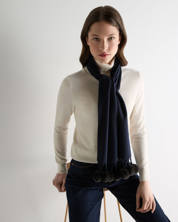 N.peal Women's Davos Fur Bobble Cashmere Scarf In Navy Blue