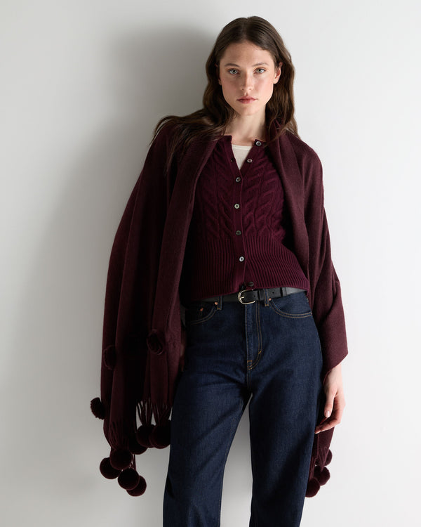 N.peal Women's Davos Fur Bobble Woven Shawl In Claret Red