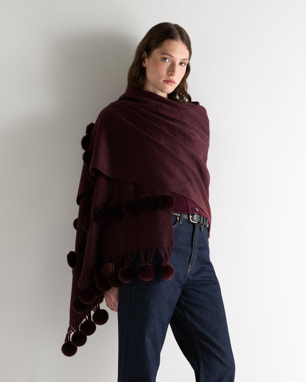 N.peal Women's Davos Fur Bobble Woven Shawl In Claret Red