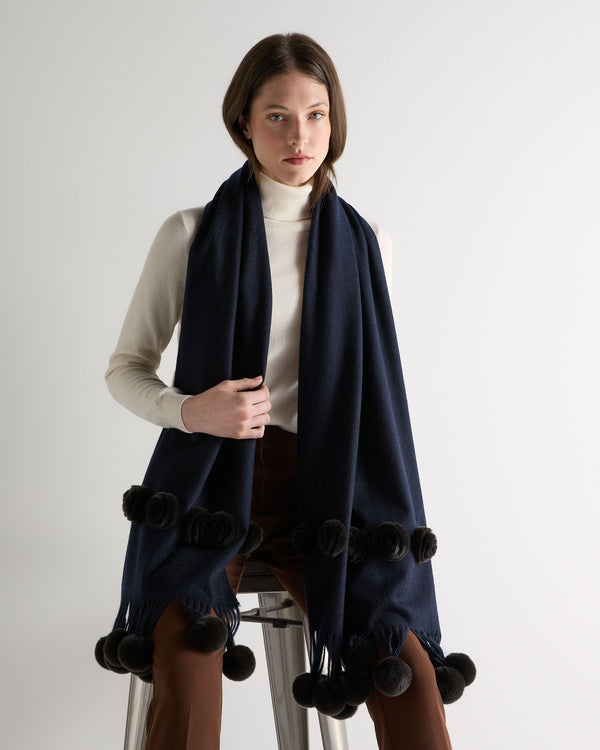 N.peal Women's Davos Fur Bobble Woven Shawl In Navy Blue