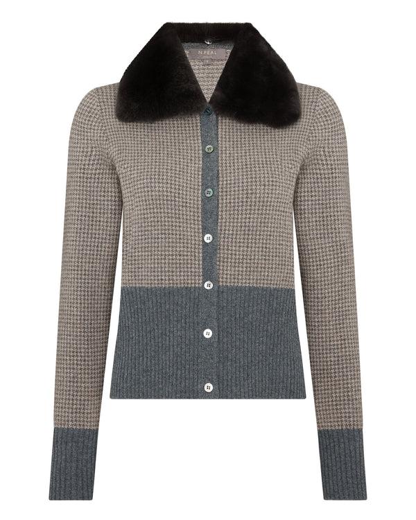 N.peal Women's Dogtooth Cashmere Cardigan With Fur In Elephant Grey