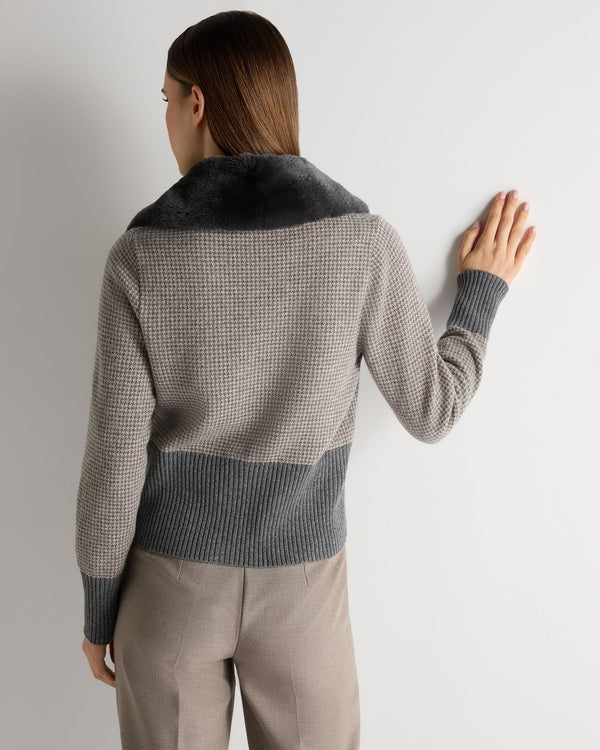 N.peal Women's Dogtooth Cashmere Cardigan With Fur In Elephant Grey