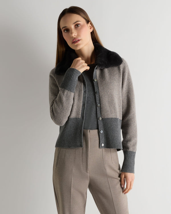 n.peal Women's Dogtooth Cashmere Cardigan With Fur In Elephant Grey