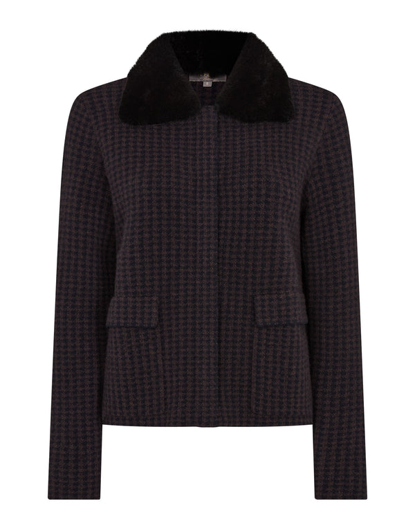 N.peal Women's Dogtooth Fur Trim Cashmere Jacket In Navy Blue