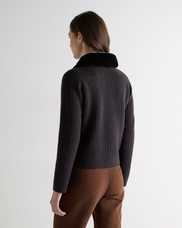 N.peal Women's Dogtooth Fur Trim Cashmere Jacket In Navy Blue