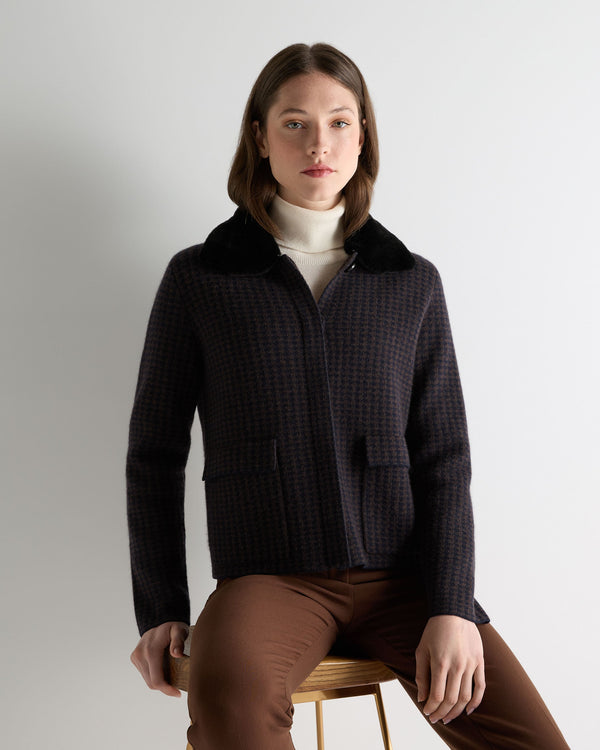 n.peal Women's Dogtooth Fur Trim Cashmere Jacket In Navy Blue