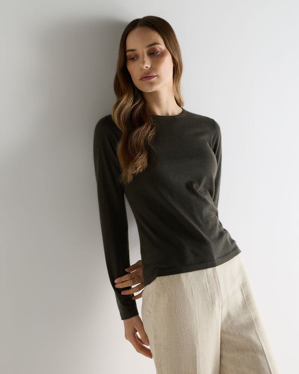 n.peal Women's Eden Superfine Cashmere Round Neck Top In Arabica Khaki Green