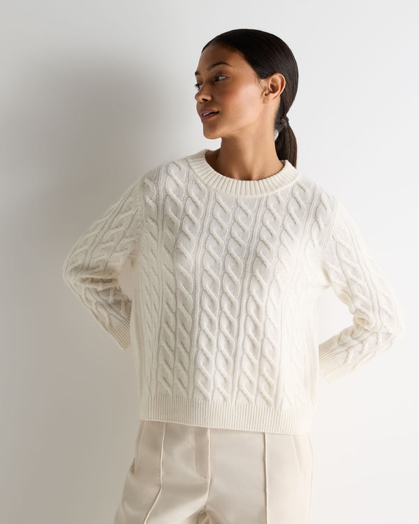 n.peal Women's Emilia Cable Round Neck Cashmere Sweater In New Ivory White