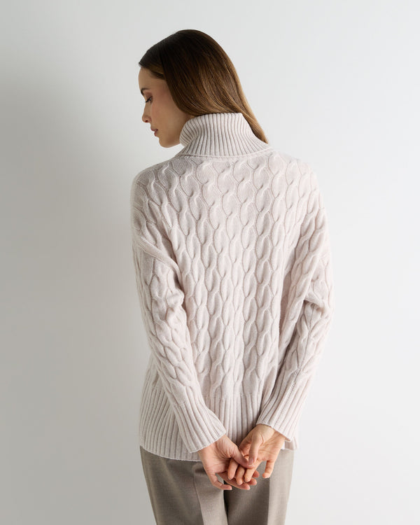 N.peal Women's Emmie Relaxed Cable Turtle Neck Cashmere Sweater In Frost White