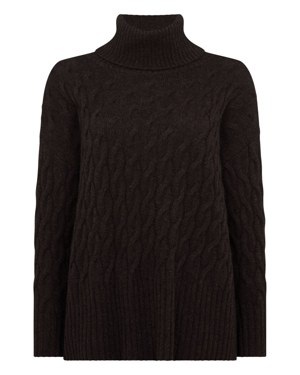 N.peal Women's Emmie Relaxed Cable Turtle Neck Cashmere Sweater In Chocolate Brown