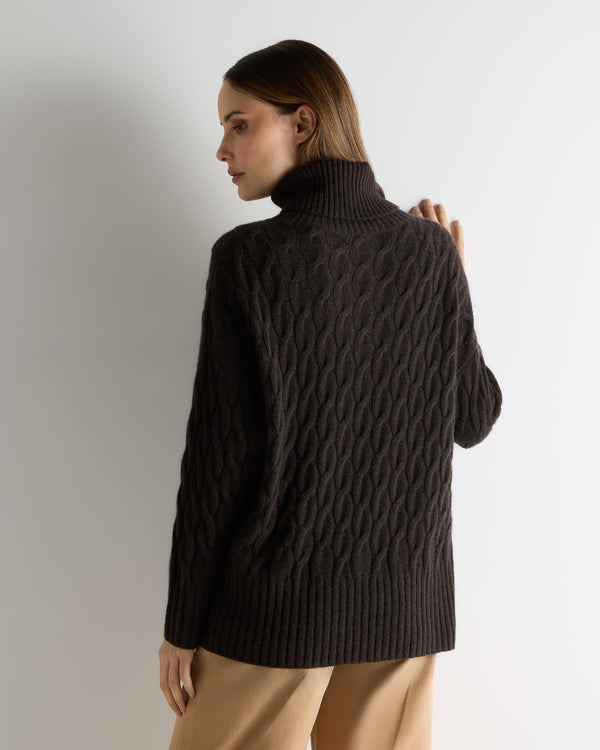 N.peal Women's Emmie Relaxed Cable Turtle Neck Cashmere Sweater In Chocolate Brown