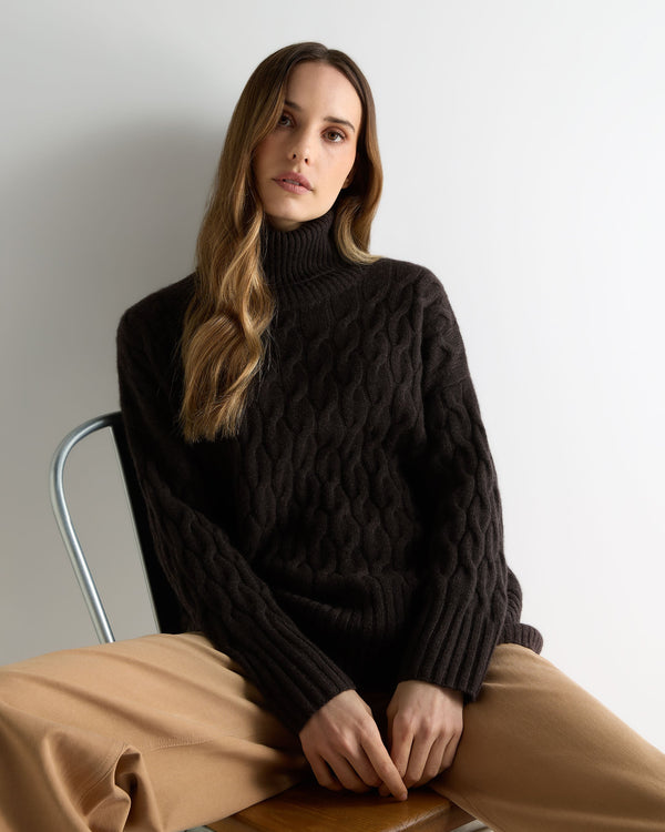 n.peal Women's Emmie Relaxed Cable Turtle Neck Cashmere Sweater In Chocolate Brown