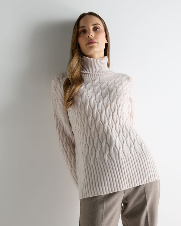 n.peal Women's Emmie Relaxed Cable Turtle Neck Cashmere Sweater In Frost White