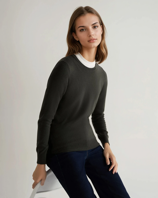 n.peal Women's Evie Classic Round Neck Cashmere Sweater In Arabica Khaki Green