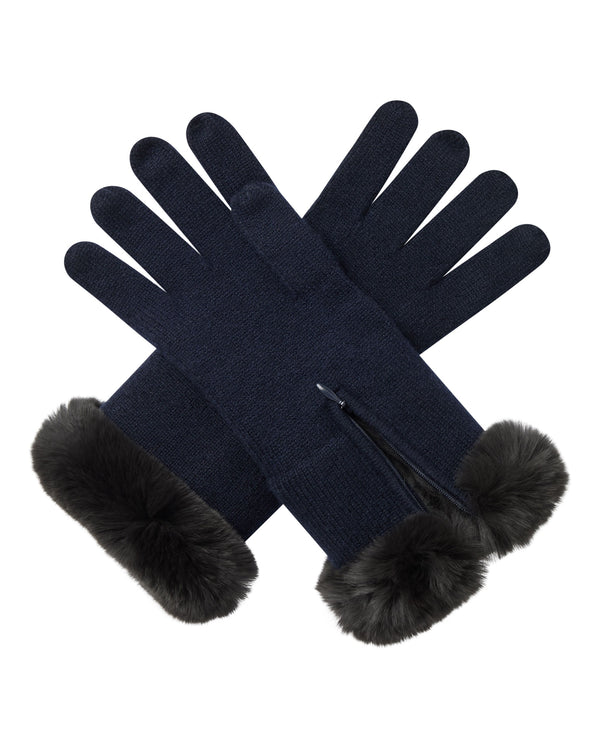 n.peal Women's Fur Trim Cashmere Gloves In Navy Blue