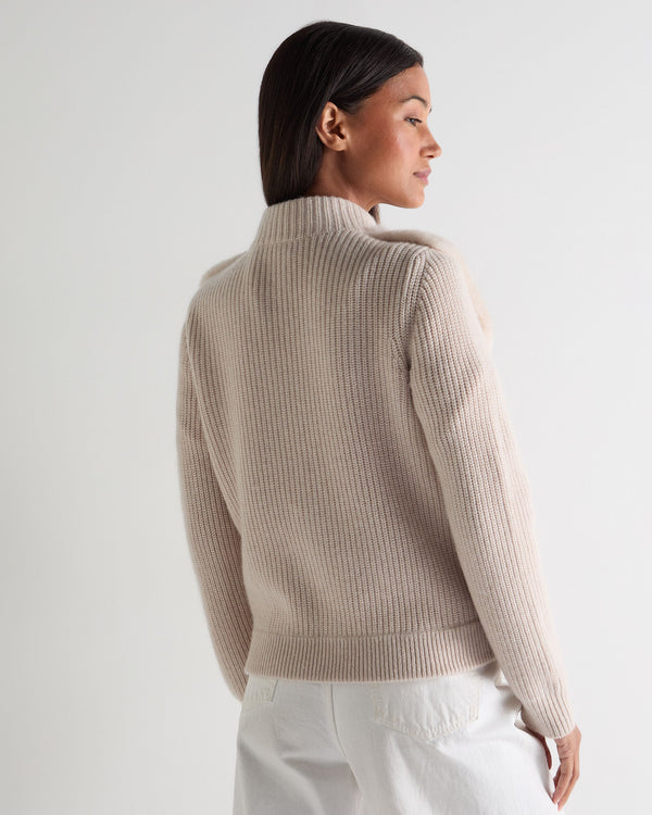 N.peal Women's Fur Trim Rib Cashmere Cardigan In Ecru White