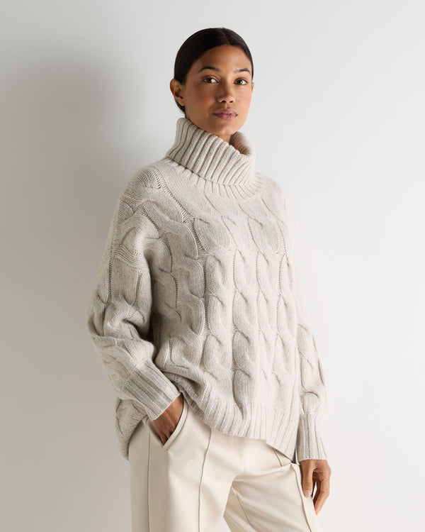 n.peal Women's Hana Chunky Cable Turtle Neck Cashmere Sweater In Ash Grey Marl