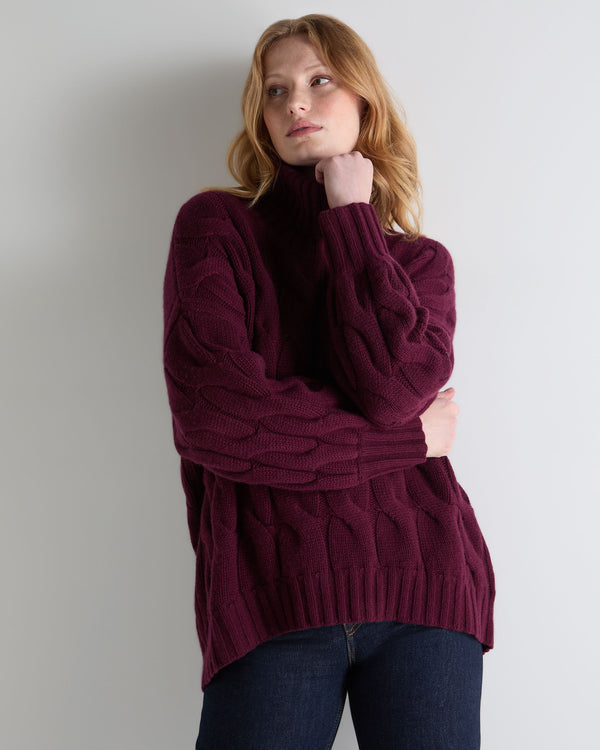 n.peal Women's Hana Chunky Cable Turtle Neck Cashmere Sweater In Bordeaux Red