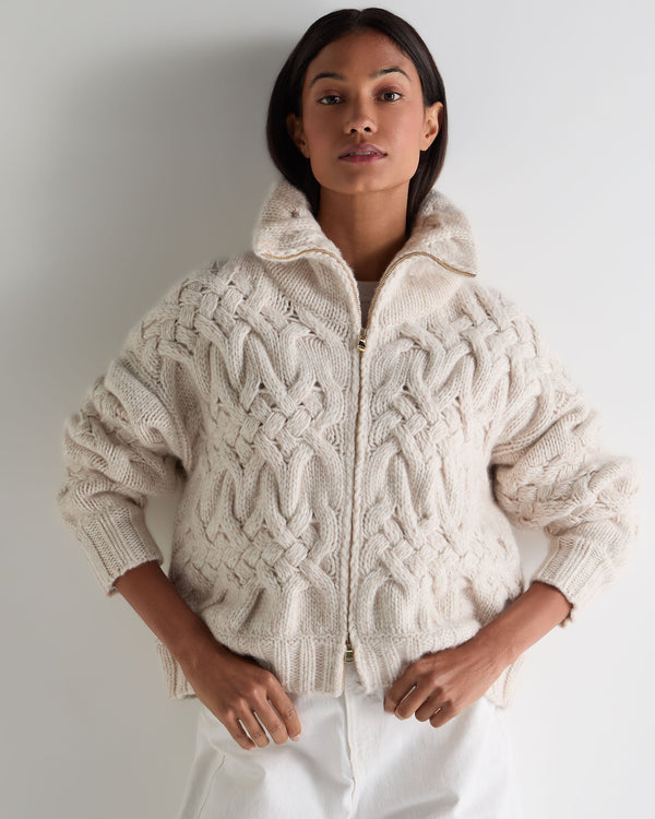 n.peal Women's Hero Zip Cable Cashmere Sweater In Ecru White