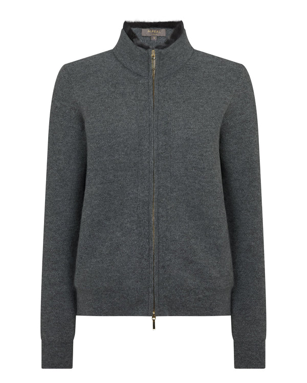 N.peal Women's Honeycomb Full Zip Cashmere Sweater With Fur Trim In Elephant Grey