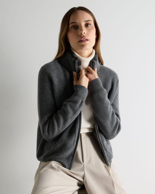 n.peal Women's Honeycomb Full Zip Cashmere Sweater With Fur Trim In Elephant Grey