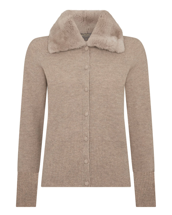 N.peal Women's Honeycomb Fur Trim Cashmere Cardigan In Oatmeal Brown