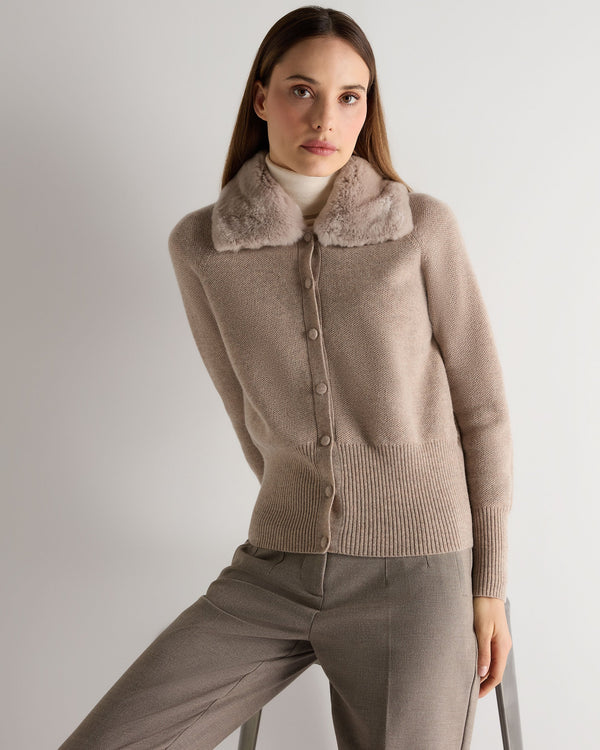 N.peal Women's Honeycomb Fur Trim Cashmere Cardigan In Oatmeal Brown