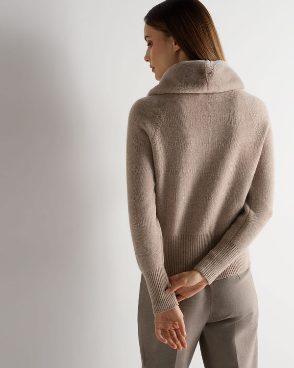 N.peal Women's Honeycomb Fur Trim Cashmere Cardigan In Oatmeal Brown