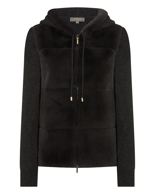 N.peal Women's Honeycomb Fur Trim Cashmere Hoodie In Deep Charcoal Grey