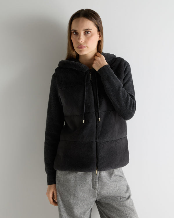 n.peal Women's Honeycomb Fur Trim Cashmere Hoodie In Deep Charcoal Grey